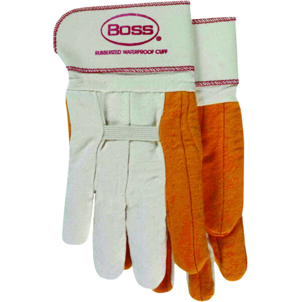 Boss 1BC28372 Regular Grade Chore Glove with Double Layer
  Palm, Cotton Back and Nap-Out Finish - Rubberized Safety Cuff [1 pair]